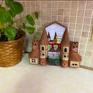 Vintage Pottery wall hanging fairy tale castle scene handmade in Lithuania